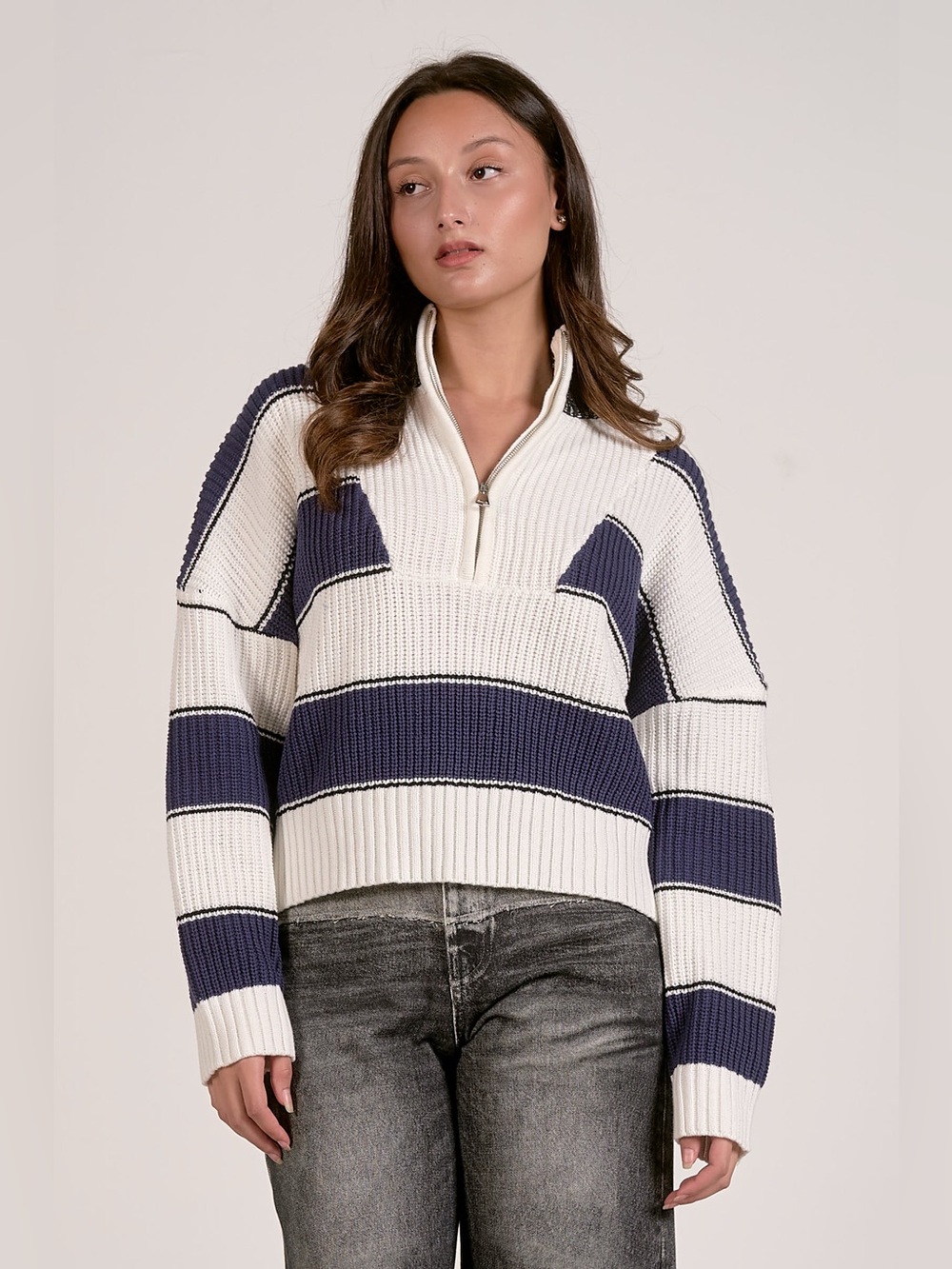 Navy White Wide Stripe Half Zip Pullover Sweater NWT